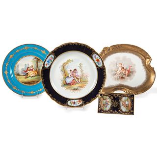 Two Continental Porcelain Cabinet Plates, A Vanity Tray and Ink Blotter
