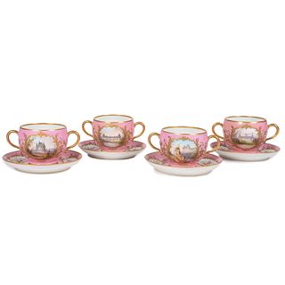 Four Chateau des Tuileries Bullion Cups and Saucers in Pink 