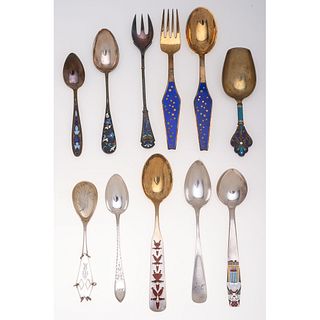 Fifteen Pieces of Russian and Danish Silver Flatware