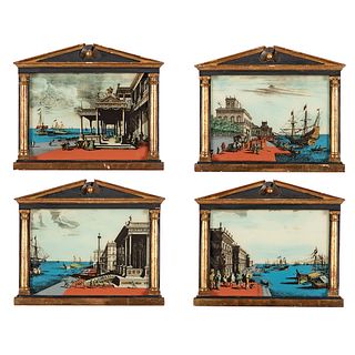 Four Italian Reverse Glass Painted Harbor Scenes