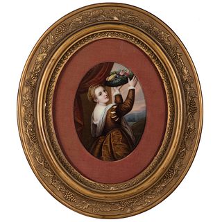 A Continental Porcelain Portrait Plaque of a Woman Holding a Bowl of Fruit