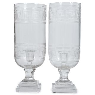 A Pair of Greek Key-Etched Glass Photophores