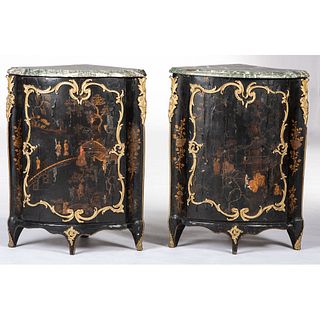 A Pair of Chinoiserie Painted Marble-Top Corner Commodes
