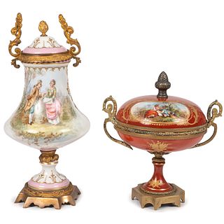 A Sevres-style Gilt and Polychrome Painted Lidded Urn and Compote