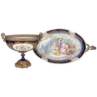 A Sevres-style Gilt and Polychrome Compote and Platter with Ormolu Mounts