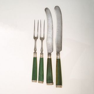 A Group of Stained Bone Handled Flatware with Silver Mounts