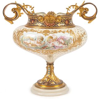 A French Porcelain and Champleve Enamel Urn