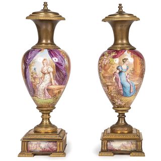 A Pair of Sevres-style Gilt Bronze Lidded Urns 