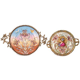 Two Sevres-style Gilt and Polychrome Painted Plates with Ormolu Mounts