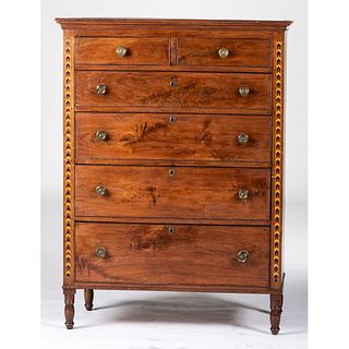 An Inlaid Federal Tall Chest of Drawers in Walnut