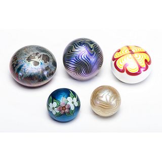 Five Iridescent Art Glass Paperweights