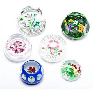 Six Floral and Fruit Art Glass Paperweights