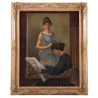 19th c. Artist Unknown. Crowned by His Muse, oil
