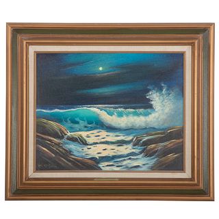 Val McGann. "Moonlight Surf, Maine," oil on panel