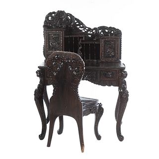 Chinese Export Carved Wood Desk & Chair