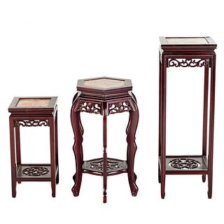 Three Chinese Hardwood & Inset Marble Stands