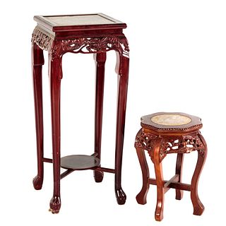 Two Chinese Hardwood Stands with Inset Marble Tops