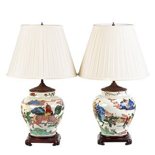 Pair of Chinese Wucai Porcelain Vase Lamps