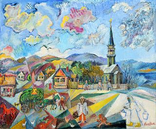 Large David Burliuk Painting, Village Scene