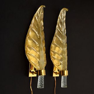 Pair of Large Barovier & Toso Leaf Sconces, Murano