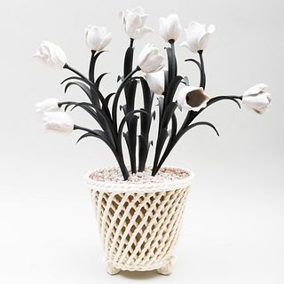 Contemporary White Porcelain Cachepot and Porcelain Mounted TÃ´le Tulips