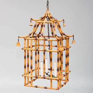 Painted Faux Bamboo and Brass Four-Light Lantern