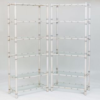 Pair of Faux Bamboo Painted Metal Six Tier Ã‰tagÃ¨res with Glass Shelves