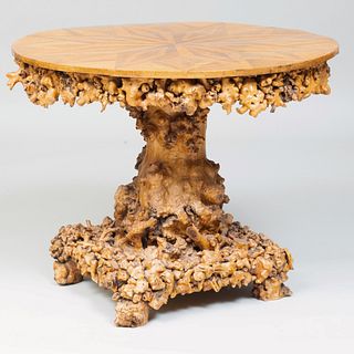 Unusual Continental Burl Rootwood, Walnut and Bird's Eye Maple Parquetry Center Table 
