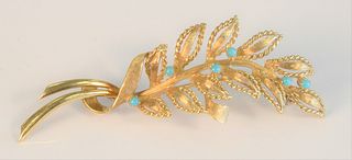 18 Karat Gold Brooch
with leaves and six small turquoise
length 2 3/4 inches, 11.2 grams total weight
Provenance: From the Lance & Irma Keller Collect