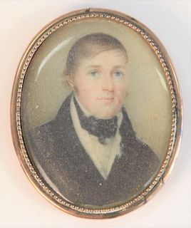 Miniature Painting of a Gentleman
in a gold case with hair in back
pin missing
2" x 1 1/2"
Provenance: From the Lance & Irma Keller Collection, Bloomf