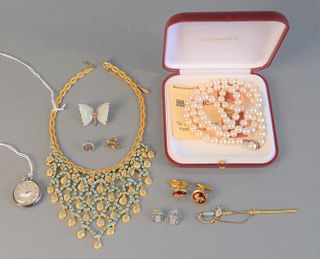 Jewelry Lot 
to include Majorica pearl necklace, bib necklace, cufflinks, sword pin watch, one sterling and hardstone butterfly pin
