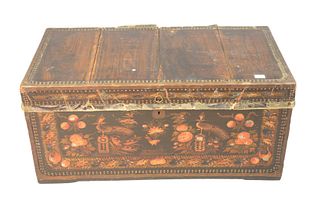 Camphor Wood Lift Top Chest
having brass bound with painted leather trim (top redone)
interior label Made in Canton, China, Kuking-Tung Yu-Wo
height 1