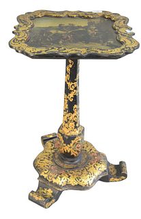 Victorian Ebonized Stand 
with gilt stenciling, and hand painted top, with people and animals
original label on bottom Baudouine's Fashionable Furnitu