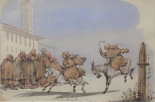 George Cruikshank (British, 1792 - 1878)
Monk on Donkeys
watercolor on paper
Leonard Clayton, New York label on back
5 3/4" x 8 1/4"