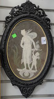 French Oval Pate Sur Pate Cherub Plaque
depicting a maiden and putti
signed Miles
total size: 19 1/2" x 11"