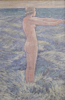 Nude Bather Standing Waves
oil on board
unsigned, marked June 13, 1921 on back
similar to Child Hassam