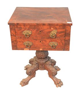 Federal Mahogany Two Drawer Stand c. 1830on carved pedestal base on four carved paw feet veneer chips height 29 1/2 inches, top 18" x 21 1/2"Provenanc