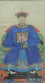 Framed Chinese Ancestral Portrait Painting 19th century watercolor on paper depicting ancestor portrait of man seated wearing blue robe with flying cr
