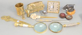 Box Lot of Table Top Items
to include a small Tiffany & Company clock; two magnifying glasses; two letter openers; one small tintype photograph; small