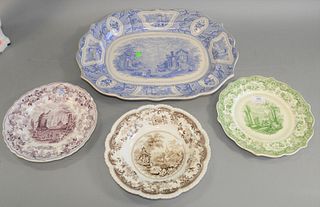 Group of Staffordshire Transferware
to include a large purple serving platter with Asian motif, eight plates in various patterns and colors, along wit