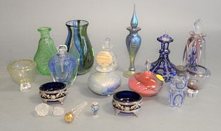 Box Lot of Perfume Bottles and Stoppers
to include bottles signed Orrefors, James Clark, and William Glasner
highest height 7 1/2 inches
Provenance: T