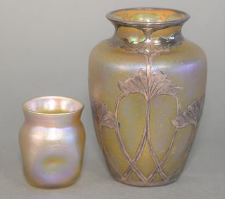 Two Tiffany Art Glass Vases
to include silver, floral overlay, marked L.C.T. R307 to base
height 4 inches
along with small yellow pinch vase signed L.
