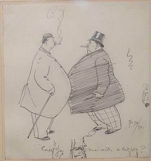 Philip William May (1864 - 1903) 
two large figures smoking cigars
pen and ink on paper
signed: Phil. May 92
Leonard Clayton, New York label on back
6