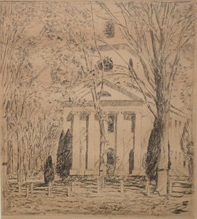 Childe Hassam
"Old Church at Lyme"
etching
signed artist proof
Frederick Keppel, New York Gallery, label on back
plate 7 1/4" x 6 1/2"
Provenance: The