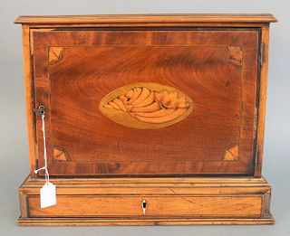 Mahogany Inlaid One Door Cabinet
having inlaid shell on door, opening to fitted interior over one drawer
height 14 1/4 inches, width 16 3/4 inches, de