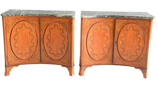 Pair of Marble Top Edwardian Style Two Door Cabinets
with paint decorated front panels
height 35 inches, width 39 1/2 inches