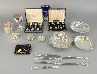 Sterling Silver Lot to include large sugar with cobalt liner, two sets of six spoons, repousse dish, mug, two containers, shell dish, tortoise card ho