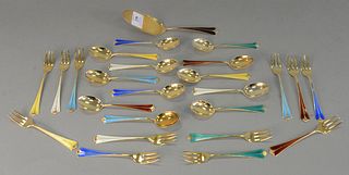 Twenty-five piece group of David Andersen enameled sterling silver, twelve forks, twelve spoons, and a cake server, 20.4 t.oz.