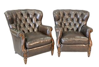 Pair Whittemore Sherrill Leather Barrel Back Chairs
height 47 inches, width 35 inches
(slight cat marks on arms)
Provenance: The Estate of Diana Atwoo