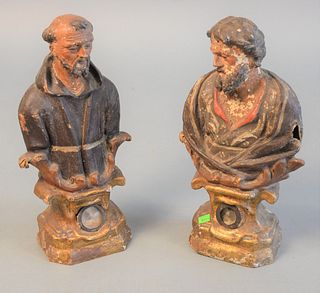Pair of Papier Mache Religious Figures, each with encapsulated object, probably 19th Century, one with hole, light damage, height 15 1/2 inches